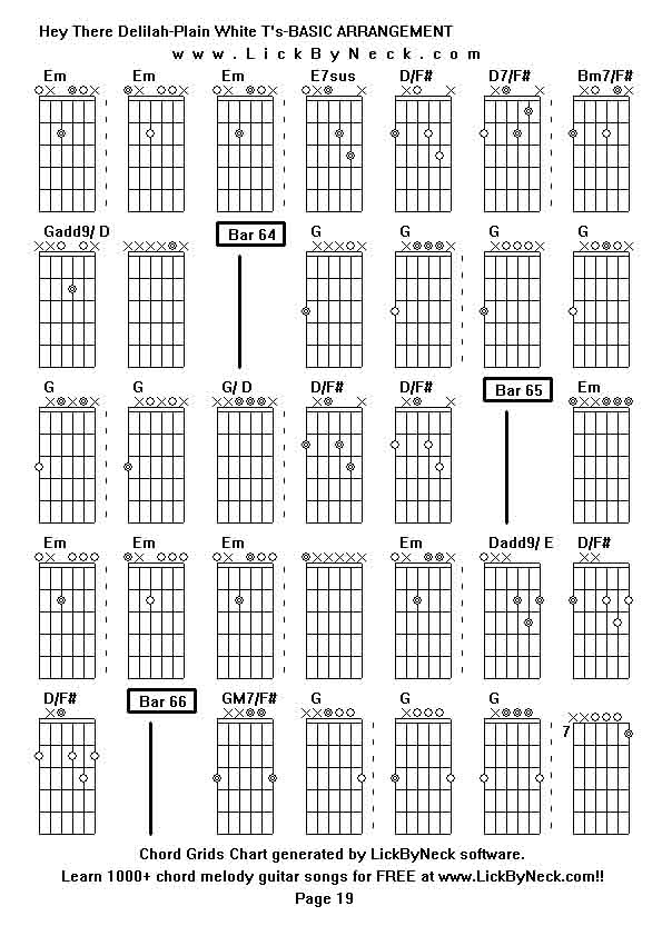 Chord Grids Chart of chord melody fingerstyle guitar song-Hey There Delilah-Plain White T's-BASIC ARRANGEMENT,generated by LickByNeck software.